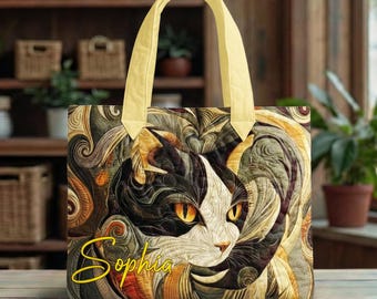 Custom Cat Art Face Quilted Tote Bag, Quilted Tote for Cat Lovers, Tote for Cat Moms, Cats Quilt Tote Bag, Cat Mom Gift, Animal Lover Gift