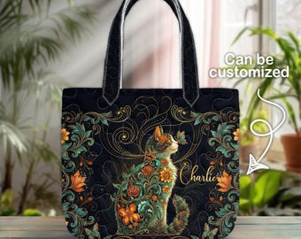 Cat With Butterfly Art Quilted Tote Bag, Quilted Tote for Cat Lover, Tote for Cat Moms, Cat Quilt Tote Bag, Cat Mom Gift, Animal Lover Gift