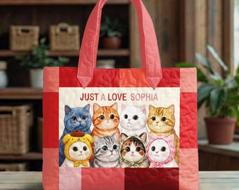 Custom Just A Love Cat Lover Quilted Tote Bag, Quilted Tote for Cat Lover, Tote for Cat Moms, Cat Quilt Tote Bag, Cat Mom, Animal Lover Gift