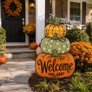 May include: A vertical stack of three decorative pumpkins featuring a yellow plaid top pumpkin, a light green polka-dot middle pumpkin, and a large orange bottom pumpkin with the word Welcome written in black script and small leaf accents.