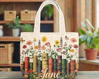 Custom Book Lover Quilted Tote Bag, Vintage Books & Floral Handbag, Literary Gift for Readers, Custom Name Tote, Bookish Gift For Book Lover