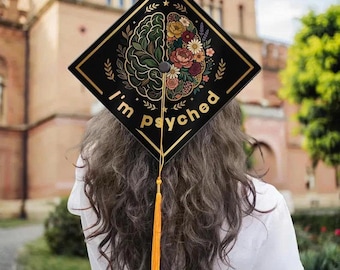 Personalized Psyched Graduation Cap Topper Floral Brain Psychology Mortarboard Decal Nurse Therapist Counseling Student Grad TD-0420-UF9A