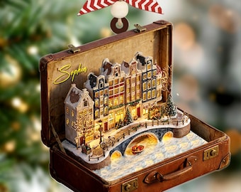 Personalized 2D Flat Amsterdam Christmas Ornament, City Canal Travel, Holiday Travel Keepsake Gift, European City Scene, Netherlands Gift