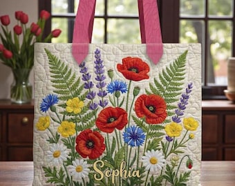 Custom Name Vintage Wildflowers Quilted Tote, Wildflowers Floral Quilted Tote, Quilted Floral Handbag, Flower Bag, Elegant Garden Handbag