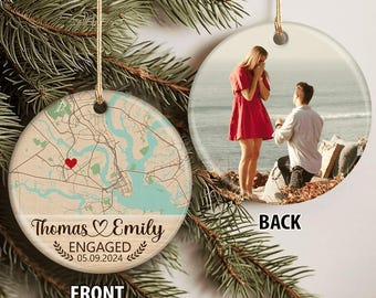 Personalized Engagement Ornament with Map & Photo, Custom Couple Ornament, Engagement Gift for Fiancé Fiancée, Proposal Christmas Keepsake