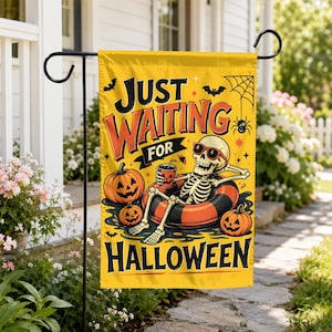 Just Waiting for Halloween Garden Flag, Summerween Skeleton Pool Float Flag, Funny Pumpkin Yard Decor, Spooky Outdoor Porch Banner BP-338