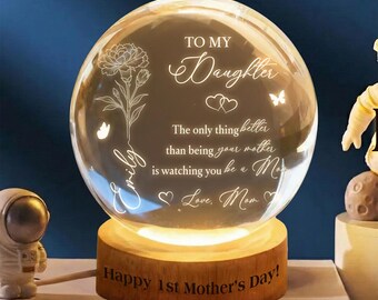 Custom Birth Flower Crystal Ball LED Light, New Mom Gift, First Mothers Day Gift For Daughter From Mom, Daughter Gift, Gift For My Daughter