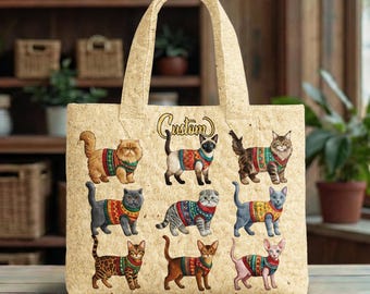 Custom Cat Lover Quilted Tote Bag, Quilted Tote for Cat Lover, Tote for Cat Moms, Cat Quilt Tote Bag, Cat Mom, Animal Lover Gift, Cat Bag