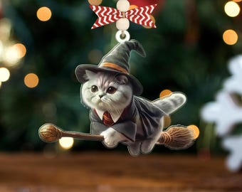 Wizard Cat Ornament– Personalized Magic Cat Christmas Decor, Cat Lover Gift , Custom Name Pet Ornament, Fantasy Holiday Tree Decoration