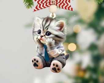 Personalized Business Kitten Ornament – Funny Cat Lover Xmas Decor , Custom Name Cute Cat Holiday Tree Ornament