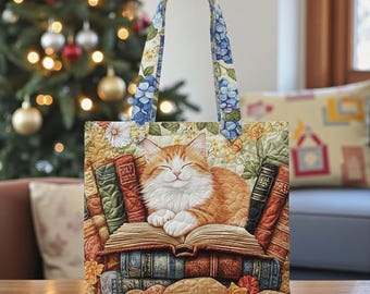 Book Lover Cat Tote Bag, Quilted Cat Reading Tote, Cute Orange Cat Book Bag, Gift for Cat Lovers, Literary Tote Bag for Women