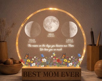The Days You Became Our Mom, Custom Moon Phase by Date - Personalized Acrylic LED Night Light - Heartfelt Mother's Day Gift for Mom