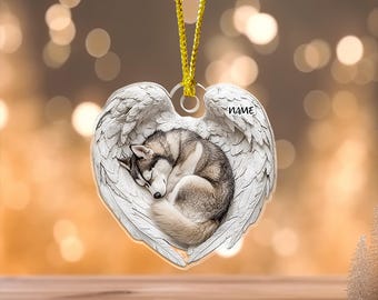 Personalized Husky Dog Sleeping Angel Wings Ornament, Dog Christmas Ornament, Puppy Car Ornament, Xmas Gift For Pet Lover, Dog Lover Gift