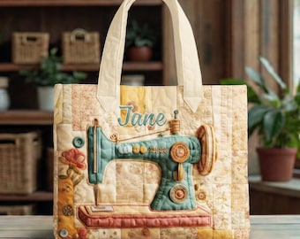 May include: Cream-colored tote bag with a quilted patchwork design. The bag features a teal sewing machine applique with the name "Jane" in script. The bag has cream-colored handles and is set against a blurred background of shelves and plants.