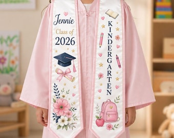 Personalized Kindergarten Graduation Stole for Girls, Custom Name Class of 2026 Sash, Preschool Grad Gift, Cute Girl Graduation Stole