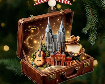 Custom Travel City Ornament in Miniature Suitcase – Personalized Christmas Ornament for Traveler Gifts & Holiday Home Decoration