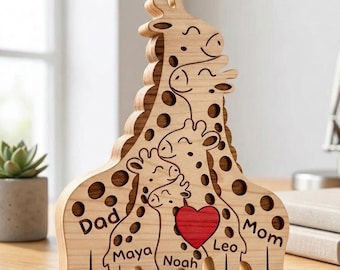 Personalized Giraffe Family Wooden Puzzle, Custom Name Wood Animal Figurine, Mothers Day Gift, Family Of Three Four Gift Nursery Decor