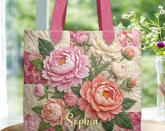 Custom Vintage Peony Quilted Tote, Peony Flower Quilted Tote, Pink Peony Quilt Tote, Elegant Garden Handbag, Pink Peony Quilt Floral Purse