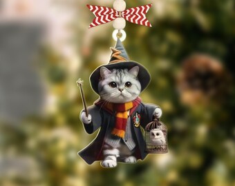 Custom Wizard Cat with Owl Ornament – Magic Pet Christmas Decor 2025, Cat Lover Personalized Holiday Ornament for Xmas Tree