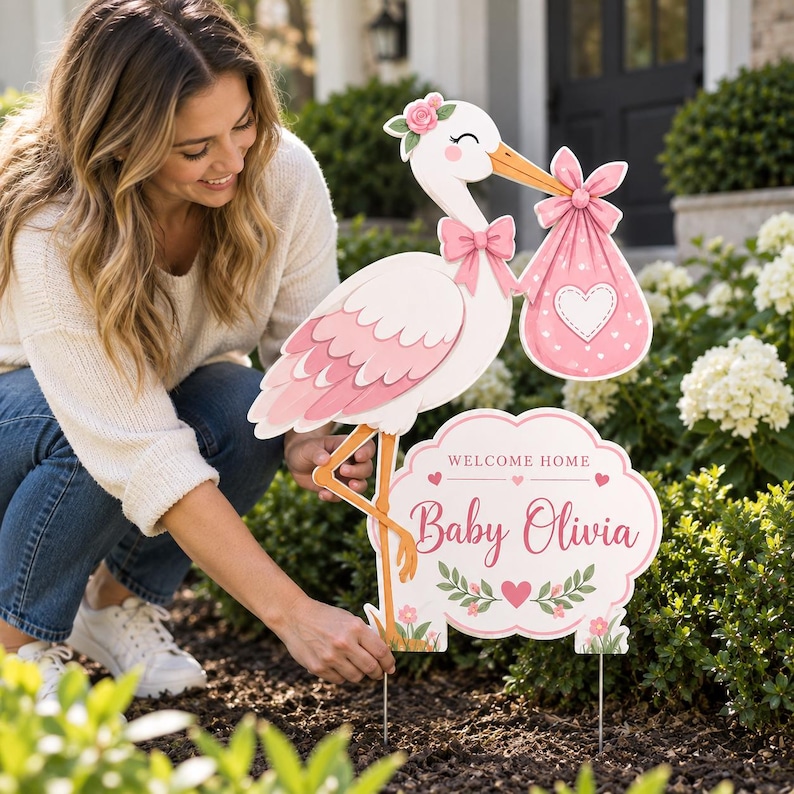 Personalized Welcome Home New Baby Stork Yard Sign, Baby Boy Girl ...