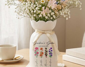 Mothers Day Flower Vase, Personalized Birth Flower Vase, Grandmas Garden Flower Vase For Mom Nanny, Perfect Gift for Her, Family Flower Vase