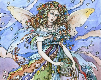 Autumn fairy Art print from original Watercolor Illustration. Fairy picture. Nursery decor. Fantasy Fairy Fine Art Gift. Girl room decor.