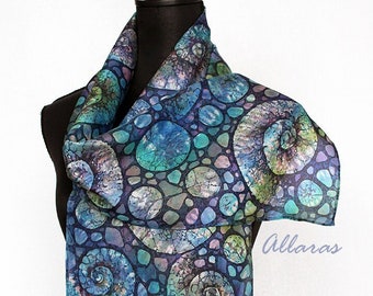 Blue Silk Scarf. Original Hand Painted Silk Scarf Blue Seashells. One of a Kind Artwork on Habotai Silk. Spring scarf. Gems silk scarf.
