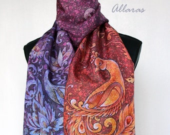 Hand Painted Silk Scarf.  Phoenix Scarf.  Painted Silk Scarf. long silk scarf. One of a Kind Artwork on Habotai silk. Firebird silk scarf.