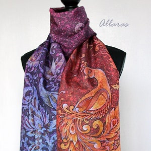 Hand Painted Silk Scarf.  Phoenix Scarf.  Painted Silk Scarf. long silk scarf. One of a Kind Artwork on Habotai silk. Firebird silk scarf.