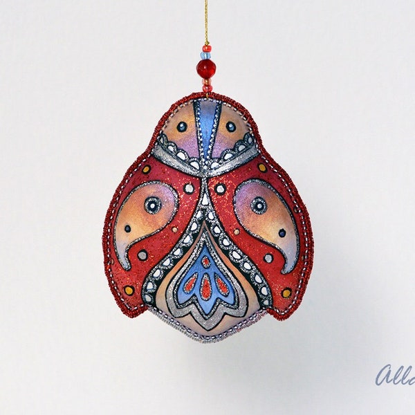 Ladybug ornament. Handpainted Silk Ornament. Christmas ornament handmade. Fabric ornament. Xmas Gift. Silk gift. Red ornament hand painted.