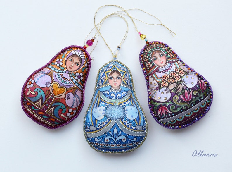 One of a kind Christmas Gift Ready to ship. Handpainted Silk Christmas Tree Ornament Golden Lilac Ornament Babushka doll Ornament