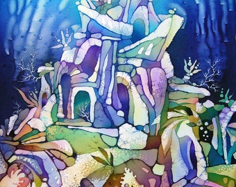 Coral reef art print. Under the sea nursery decor. Underwater Painting. Fish art print. Silk painting print. Bathroom wall art.