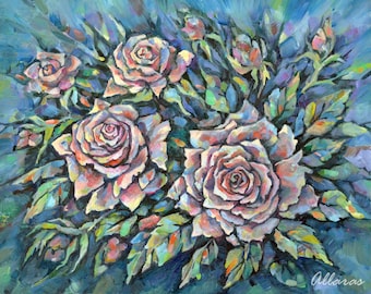 Pink Roses. Oil on canvas board. Spring Flowers. Original Painting. Garden flowers.One of a kind Artwork. 8 x 10" (20 x 25 cm) Ready to ship