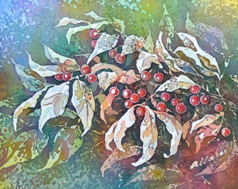 Berries painting. Original Painting on Silk. fall decor. One of a kind Artwork. Red berries art. Silk stretched on canvas.Ready to Ship.