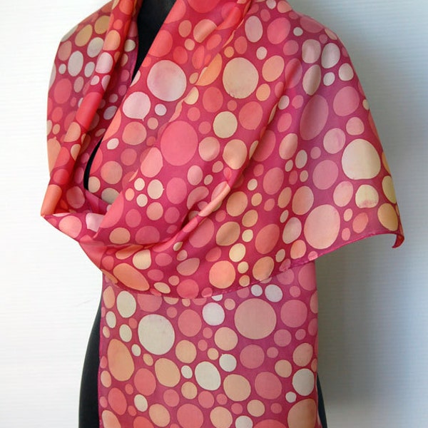 Hand Painted Polka Dots Silk Scarf. Watermelon-Rose Scarf. One of a Kind Artwork on Habotai silk 35 x 170 cm. Ready to Ship.