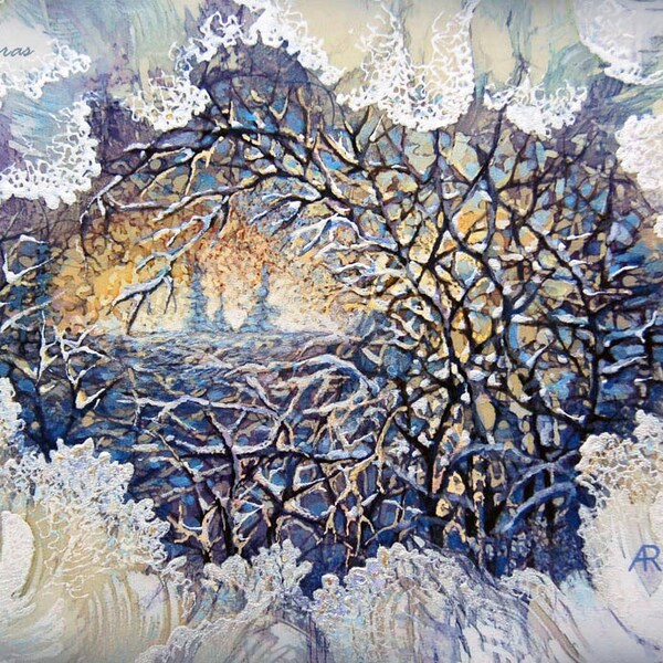 Silk Painting Picture  - Frosty Morning. Original Painting on Silk. One of a kind Artwork. 22.5 x 30 cm. Ready to ship.