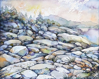 Nature. Landscape. Summer. Original Watercolor Painting.  Tadoussac. Rocky Seashore.  Canadian landscape. One of a kind artwork. 20 x 25 cm.