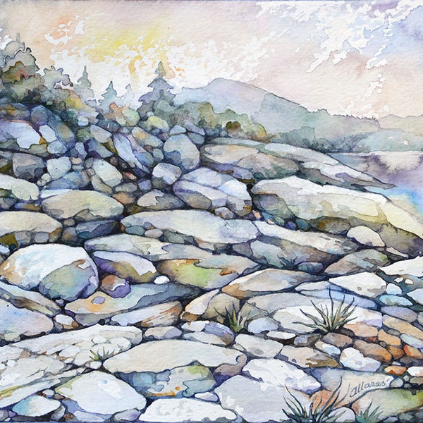 Nature. Landscape. Summer. Original Watercolor Painting.  Tadoussac. Rocky Seashore.  Canadian landscape. One of a kind artwork. 20 x 25 cm.