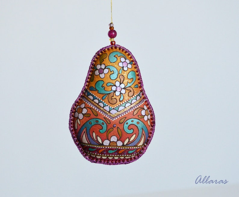One of a kind Christmas Gift Ready to ship. Handpainted Silk Christmas Tree Ornament Golden Lilac Ornament Babushka doll Ornament
