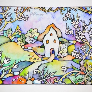 Spring landscape painting. Original watercolor painting. Watercolor Small art. Hand Painted Card . Original Small Format Art. Blossom Tree.