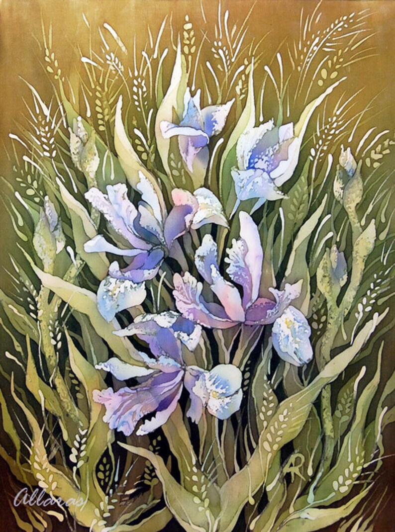 Iris Flower Art. Original Painting on Silk. One of a Kind Etsy