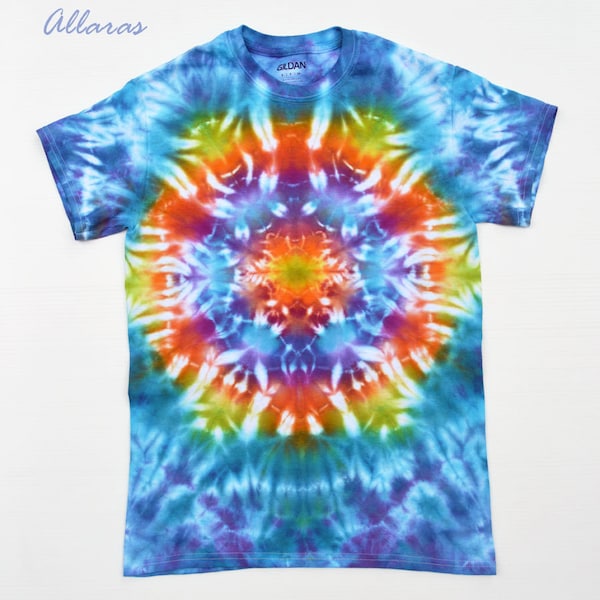 Tie dye mandala shirt. Rainbow Mandala Hand Dyed Shirt. Colorful Mandala Tye Dye T-Shirt. Gildan SMALL blue shirt with Rainbow mandala,