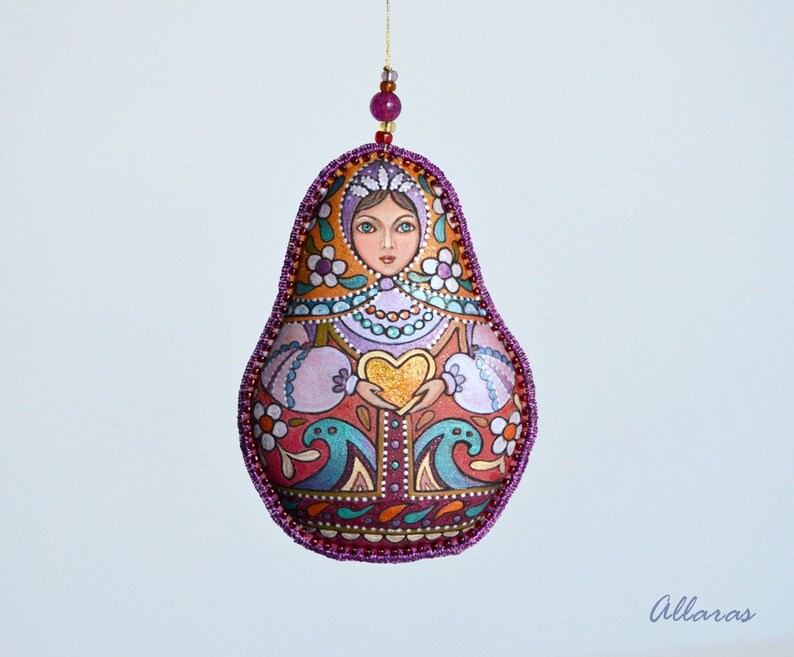 One of a kind Christmas Gift Ready to ship. Handpainted Silk Christmas Tree Ornament Golden Lilac Ornament Babushka doll Ornament