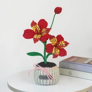 Puede incluir: Una planta de lirio tejida a ganchillo con dos flores de color rojo vibrante con centros amarillos y manchas negras. La planta tiene tallos y hojas verdes, colocada en una base de ganchillo gris claro texturizada con un lazo rosa y una etiqueta.