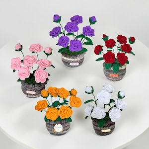 May include: A selection of handmade crochet flower arrangements in small pots. The flowers are in various colours, including pink, purple, red, orange, and white. Each pot has a label. The flowers are arranged on a white surface.