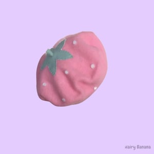 Pink strawberry beret, Cute pink beret hat with hand sewn strawberry design