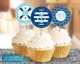 Happy Birthday Nautical Cupcake Toppers