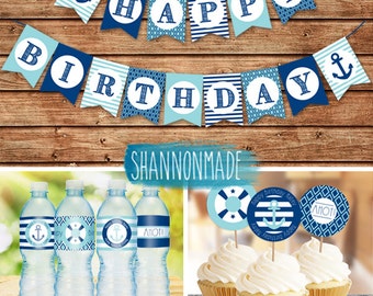 Happy Birthday Nautical Party Pack - Banner, Cupcake Toppers and Water Bottle Labels