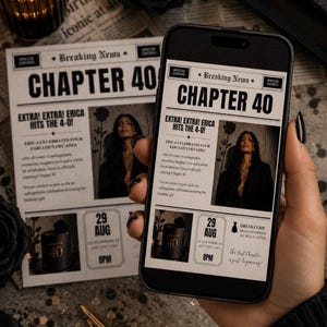 May include: A smartphone displaying a digital birthday invitation designed like a newspaper with the headline CHAPTER 40, featuring text about Erica, a photo of a person, a date of 29 AUG, and a dress code for all black attire on a white background.