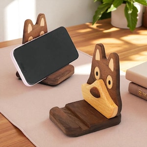 Puppy Phone Holder Solid Wood Cute Dog Stand Animal Desk Ornament Lazy Base Phone Stand Gift for Pet Lovers and Home Office
